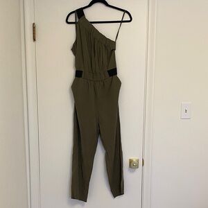 Anthropologie Maeve One-Shoulder Olive Jumpsuit